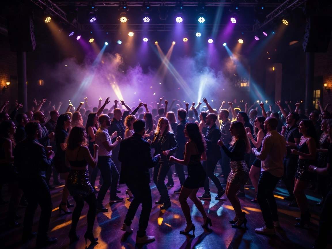 Atmospheric event lighting over an energetic evening dance floor