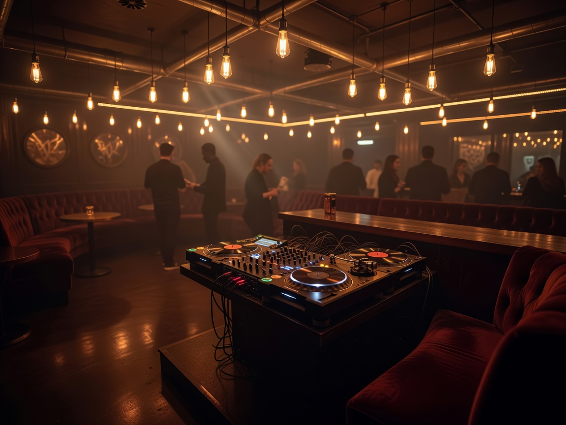 Atmospheric nightclub interior with warm ambient illumination and DJ booth setup