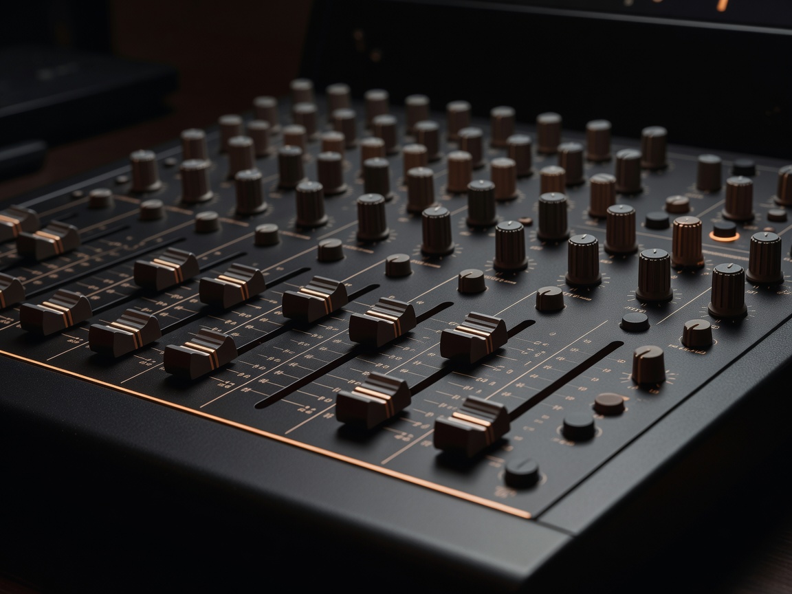 Audio mixer faders and knobs with subtle bronze backlighting