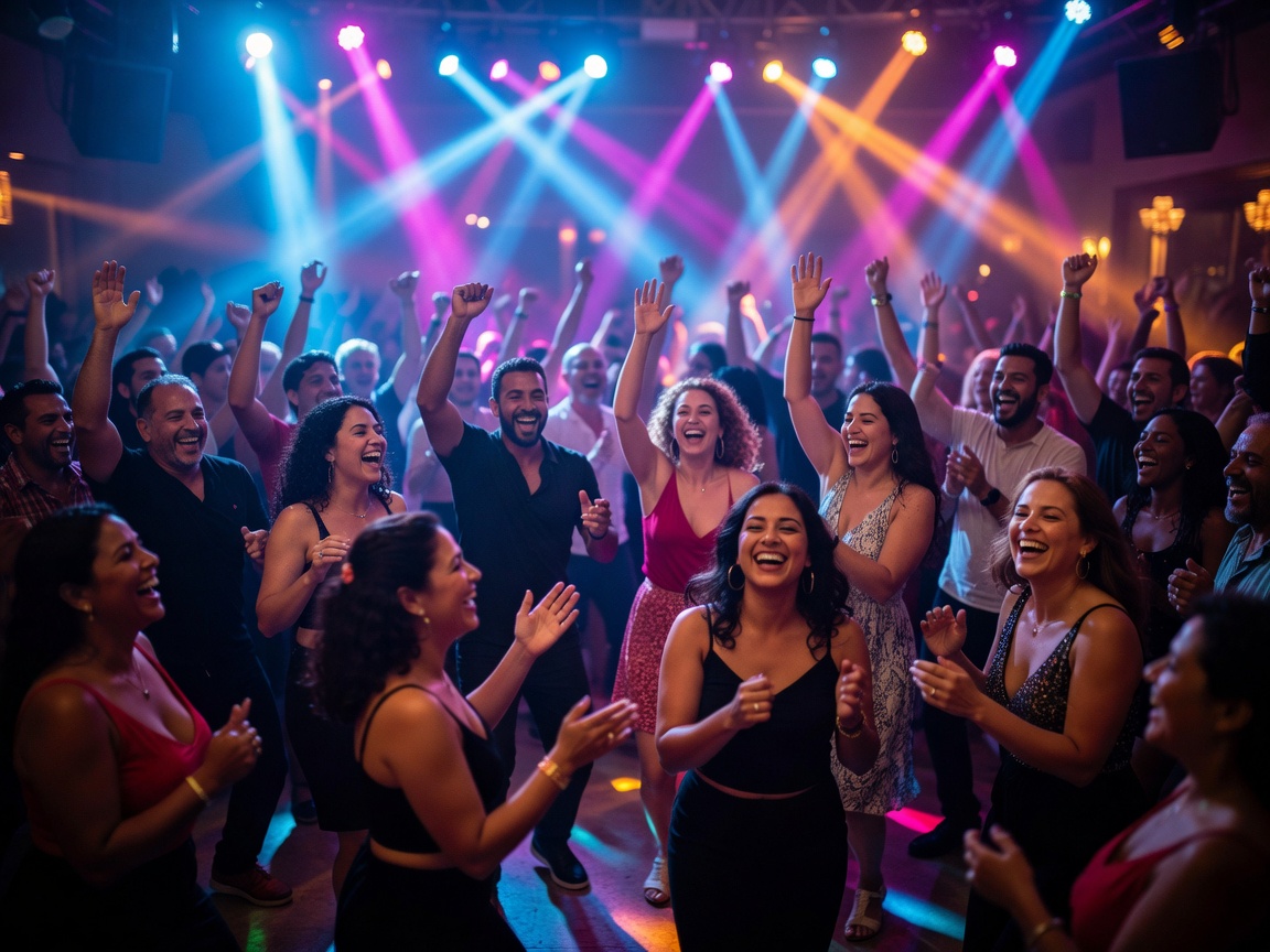 Celebration event with dance lighting and people enjoying an energetic party