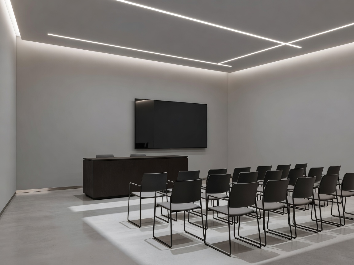 Corporate event room with architectural lighting and clean modern presentation setup