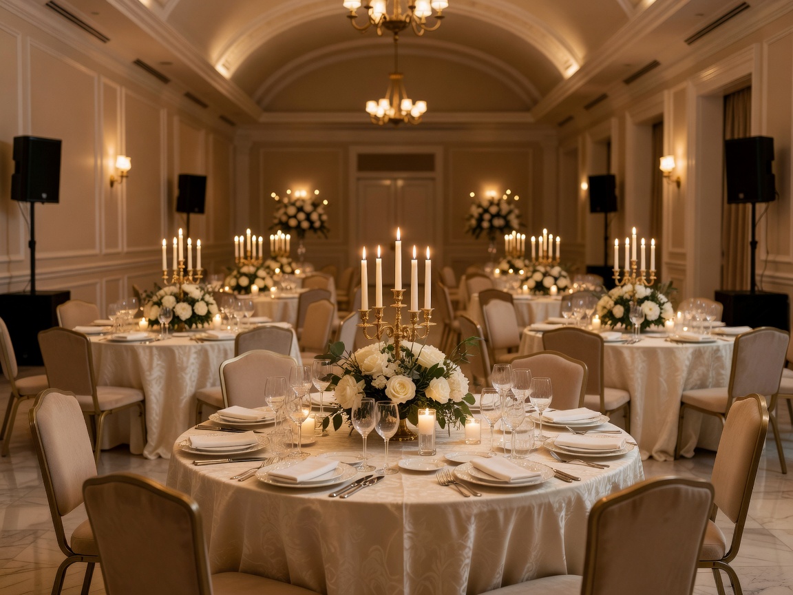 Elegant wedding dining hall with sound speakers and warm candlelit tables