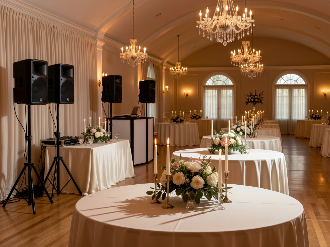 Elegant wedding reception venue set up with warm lighting and sound equipment