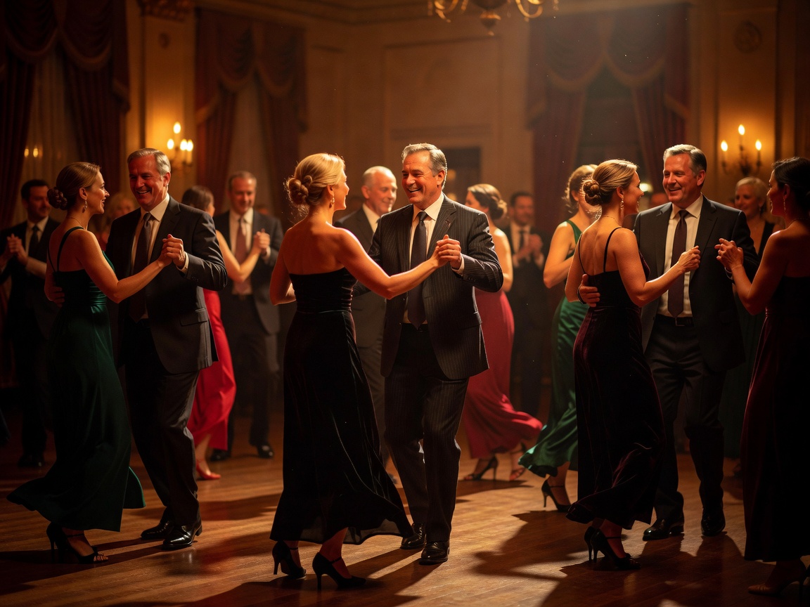 Guests dancing at an evening event under atmospheric warm lighting