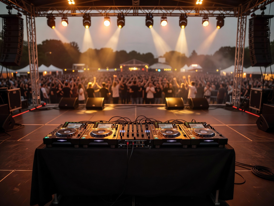 Outdoor festival stage with warm event lights and professional DJ console