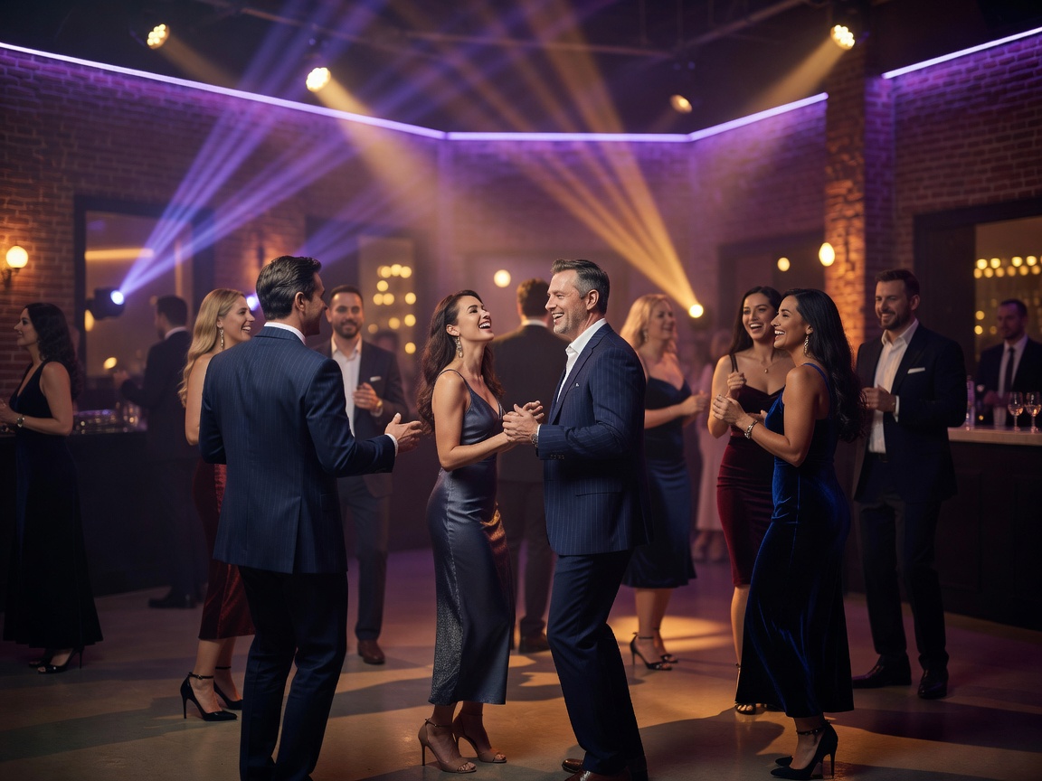 Private celebration event with stylish lighting and guests enjoying music