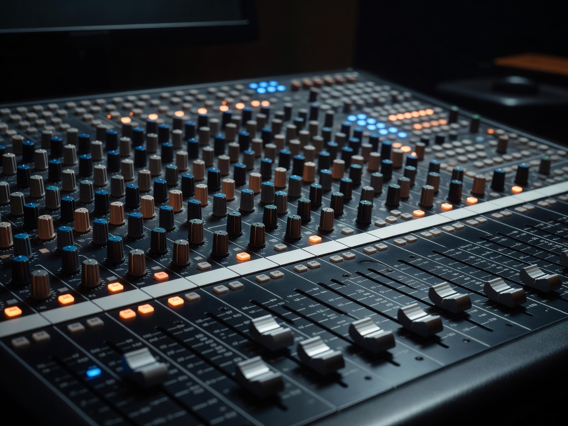 Professional audio mixing console with illuminated dials and sliders