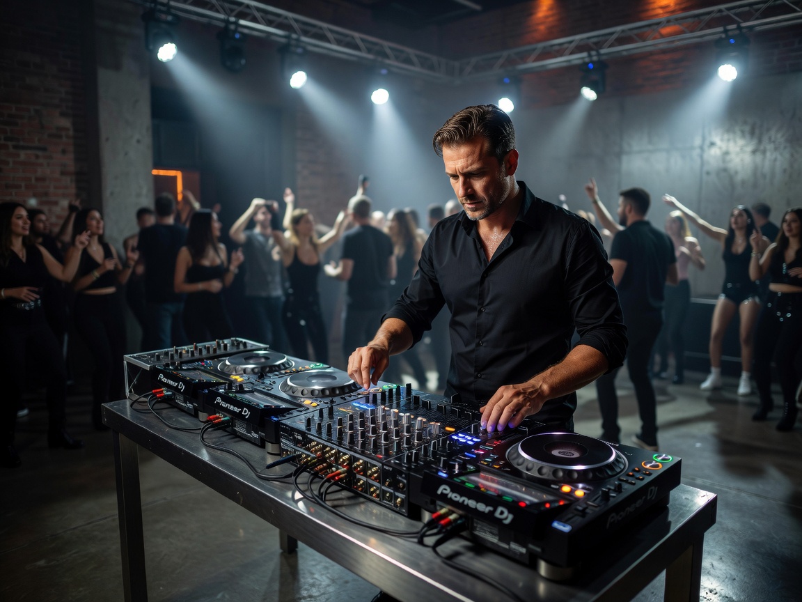 Professional DJ performing with precision controller and mixer setup under warm architectural lighting