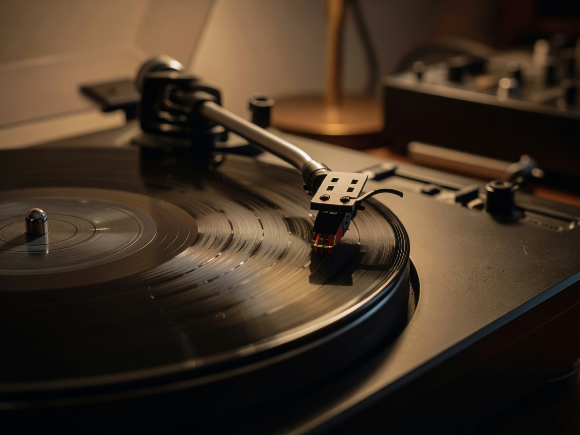 Turntables and sound console with warm studio lighting and vinyl records